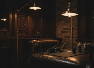 Moody, atmospheric close-up of a professional tattoo studio workspace inside a historic London building. Dark near-black tones with warm brass and gold lighting accents. A tattoo machine resting on a dark leather surface, dramatic low-key lighting, cinematic shadows, cream and gold color grade. Editorial, refined, mysterious mood. No people's faces, no text.
