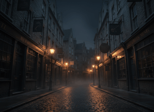 Atmospheric night photograph looking down a narrow historic London street lined with old brick buildings and vintage music shop signage, wet cobblestones reflecting warm amber streetlights, moody near-black shadows with brass-gold highlights. Iconic British music heritage street feel. No readable text, no people.