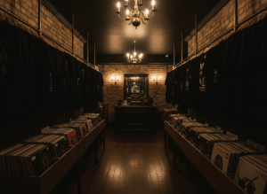 Moody atmospheric photograph of a dimly lit London record and merch shop interior at night, racks of band t-shirts and stacks of vinyl records, warm brass and gold lighting glowing against near-black shadows, cinematic low-key lighting, cream and gold tones, no text, no logos, editorial music venue aesthetic