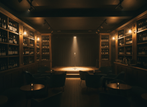 Intimate dark music venue and bottle shop interior, shelves of wine and spirits softly lit with warm brass lighting, a small stage with a single warm spotlight, moody atmospheric near-black tones with gold accents, cinematic low light, film grain, no legible text.