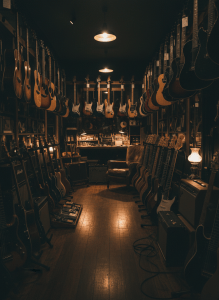 Dark, moody photograph of a working guitar and music shop interior on Denmark Street London. Rows of instruments in shadow, warm brass-toned accent lighting, vintage cultural hub atmosphere, cinematic and editorial. No people, no text.