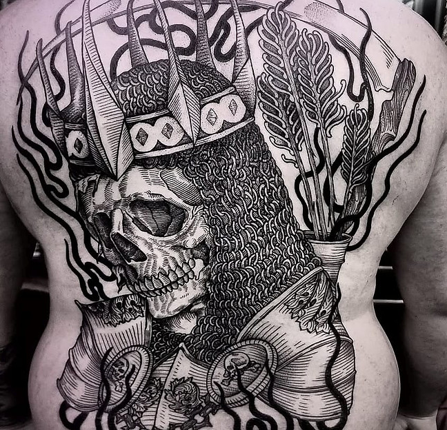 Engraving-style skull and crown back tattoo by SixtyInk
